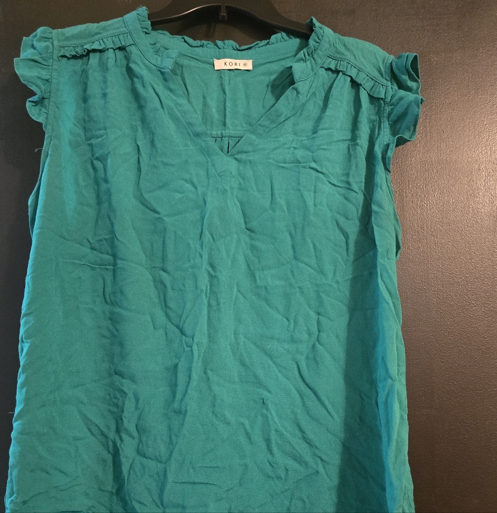 Kori Teal Ruffle Sleeve V-Neck Top